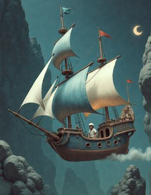 The primary subject of the image is a large sailboat with a person on it, flying through the air. The setting is a nighttime scene with a moon visible in the sky. The visual style is a digital art illustration, giving the image a surreal and fantastical appearance. The colors are predominantly dark, with the sailboat and the person on it being the main focus. The mood of the image is one of adventure and wonder.